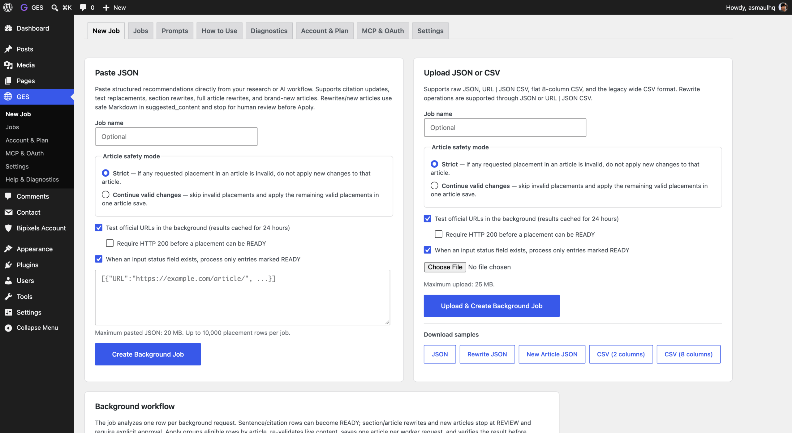 GES import screen in WordPress showing JSON input, JSON or CSV upload, article safety settings and background Job controls.